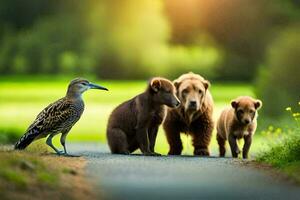 a bear and two brown bears standing on a road. AI-Generated photo