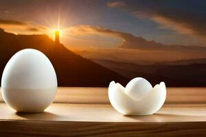 huevos en un mesa con un puesta de sol en el antecedentes. generado por ai foto