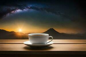 a cup of coffee on a wooden table with a view of the milky way. AI-Generated photo