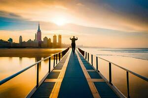 a man standing on a pier with a city in the background. AI-Generated photo