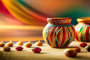 colorful vases with colorful decorations on a table. AI-Generated photo