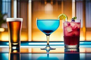 Tres diferente tipos de bebidas son mostrado en un bar. generado por ai foto