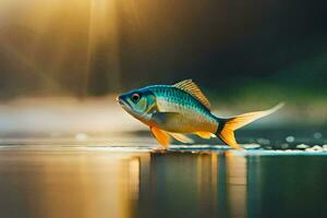 a fish is standing on the water with the sun shining. AI-Generated photo