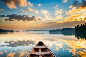 un canoa es flotante en un calma lago a puesta de sol. generado por ai foto