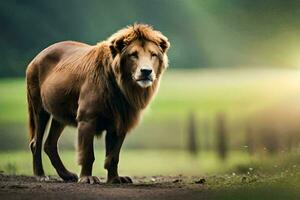 un león en pie en el medio de un campo. generado por ai foto