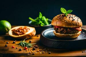 a hamburger with a green leaf on top. AI-Generated photo