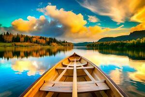 a canoe is floating on a lake with a beautiful sunset. AI-Generated photo