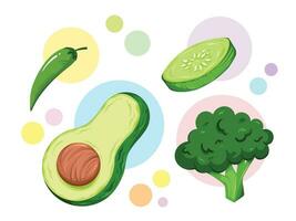 Green colored vegetable like broccoli, green chili, sliced cucumber, and sliced avocado vector illustration set isolated on white background with colorful circles decoration. Simple cartoon styled art