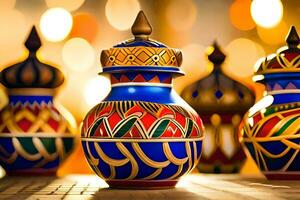 colorful vases on a table with bokeh lights. AI-Generated photo