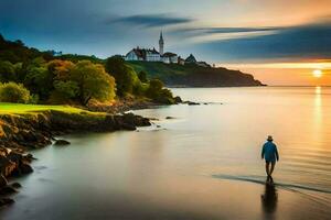 a man standing on the shore of the ocean at sunset. AI-Generated photo