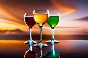 three glasses of wine on a table with a sunset in the background. AI-Generated photo