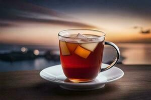 a cup of tea with ice cubes on a saucer. AI-Generated photo