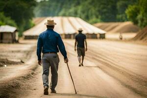 un hombre caminando abajo un suciedad la carretera con un caña. generado por ai foto