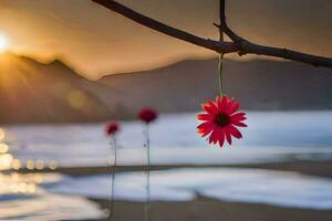 a red flower hanging from a branch near the beach. AI-Generated photo