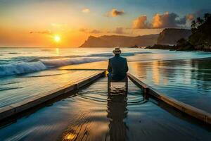 a man sitting on a wooden boat in the ocean at sunset. AI-Generated photo