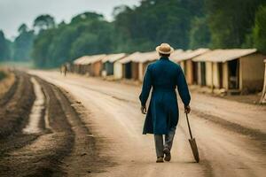 a man in a blue coat walks down a dirt road. AI-Generated photo