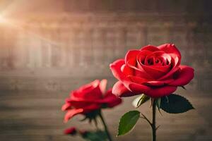 two red roses are shown in front of a wall. AI-Generated photo