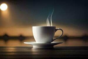 a cup of coffee on a table with the moon in the background. AI-Generated photo