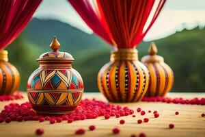 a table with red and gold decorations and a vase. AI-Generated photo