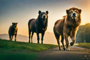 Tres leones caminando en un la carretera a puesta de sol. generado por ai foto