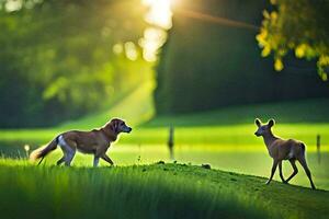 two dogs and a deer are walking in the grass. AI-Generated photo