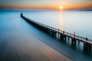 un largo exposición fotografía de un muelle a puesta de sol. generado por ai foto