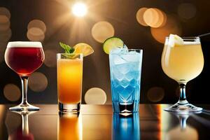 four different types of alcoholic drinks on a table. AI-Generated photo