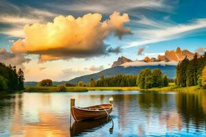 the boat is floating on the calm lake with mountains in the background. AI-Generated photo