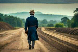 a man in a blue suit and hat walking down a dirt road. AI-Generated photo