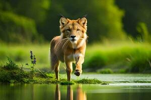 a red fox running across a pond. AI-Generated photo