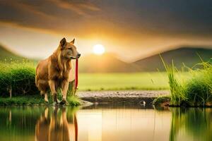 a dog is standing by the water with a red leash. AI-Generated photo