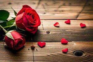 red roses on a wooden table. AI-Generated photo