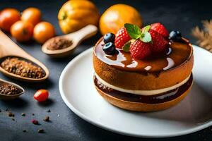 a cake with berries and chocolate on a plate. AI-Generated photo