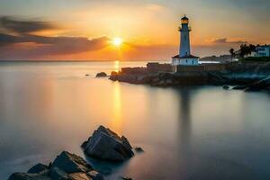 a lighthouse is seen at sunset in the ocean. AI-Generated photo