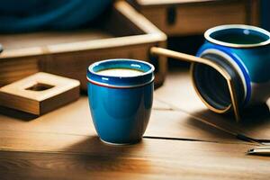 a blue cup with a spoon and a wooden spoon. AI-Generated photo