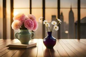 flowers in vase on table with city view. AI-Generated photo