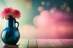 un azul florero con rosado flores en un de madera mesa. generado por ai foto