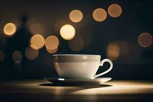 a cup of coffee on a table in front of a bokeh background. AI-Generated photo