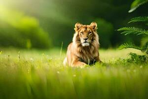 a lion is sitting in the grass in the middle of a field. AI-Generated photo