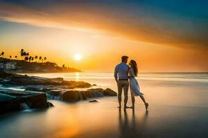 el Pareja es en pie en el rocas a el playa. generado por ai foto