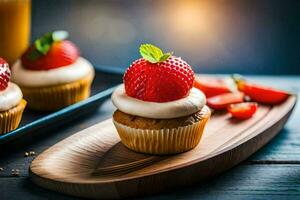 cupcakes with strawberries on a wooden tray. AI-Generated photo