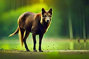 un marrón perro es en pie en el césped. generado por ai foto