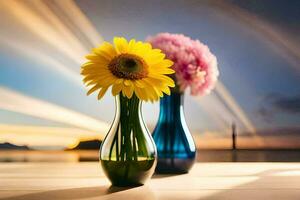 two vases with flowers sitting on a table. AI-Generated photo