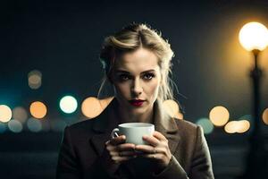 a woman holding a cup of coffee in front of a city at night. AI-Generated photo