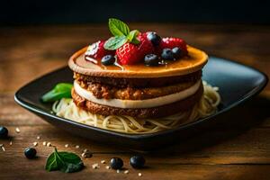 a stack of pasta with berries and cheese. AI-Generated photo