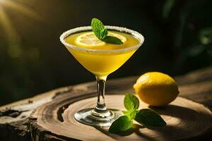 a cocktail with lemon and mint on a wooden table. AI-Generated photo