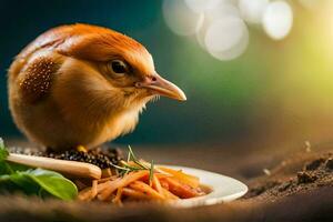 a small bird is sitting on a plate with food. AI-Generated photo
