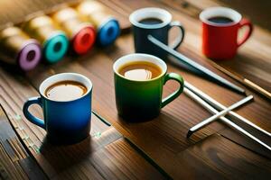 vistoso tazas de café y palillos en un de madera mesa. generado por ai foto