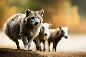 a wolf and two sheep walking in the dirt. AI-Generated photo