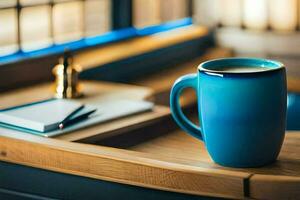 a blue mug on a wooden table. AI-Generated photo